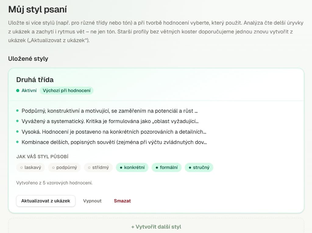 Náhled obrazovky Můj styl psaní s uloženým stylem hodnocení